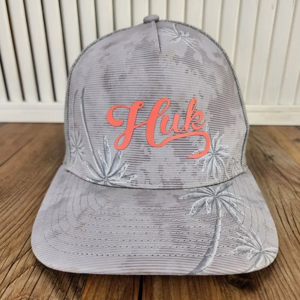 Huk Performance Head Wear Fishing Trucker Hat Cap Gray Camo Palm Trees Snapback